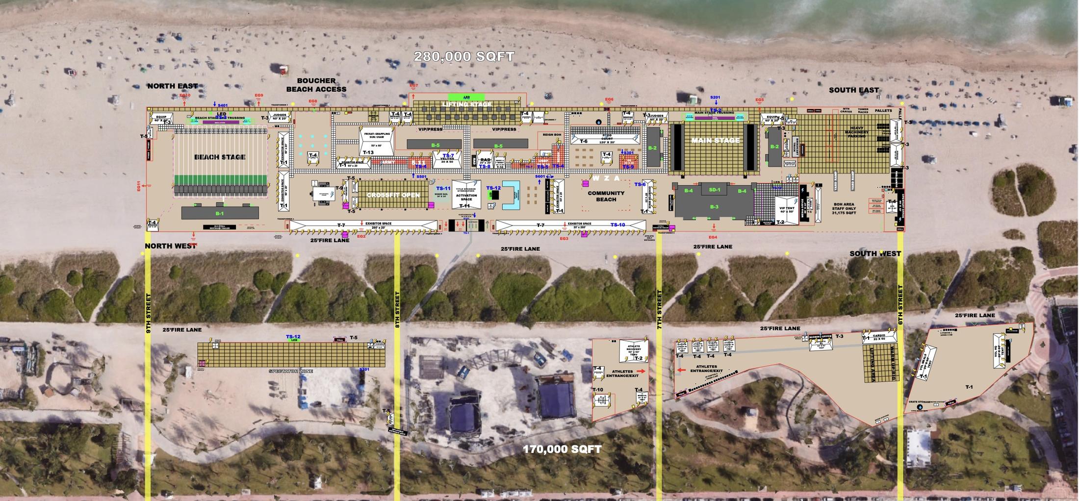 Festival site plan on Miami Beach showing stages, exhibitor spaces and the community beach